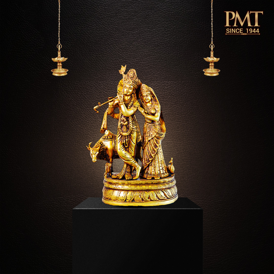 Brass Radha Krishna with Cow – Divine Raas Leela Idol