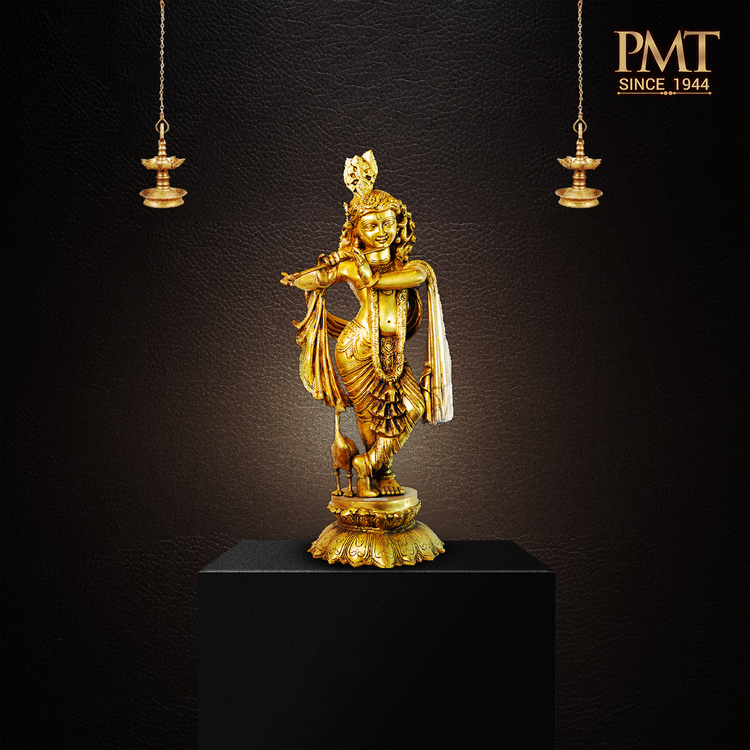 Brass Venugopal Krishna Idol (Tribhangi Posture with Cow)