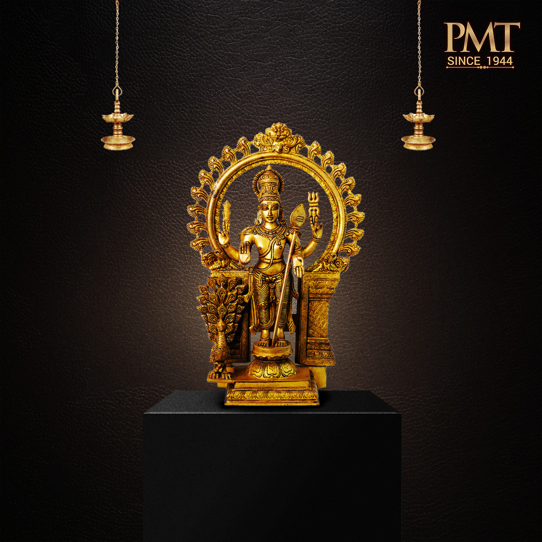 Brass Lord Murugan (Subramanya) Idol with Peacock & Thiruvachi