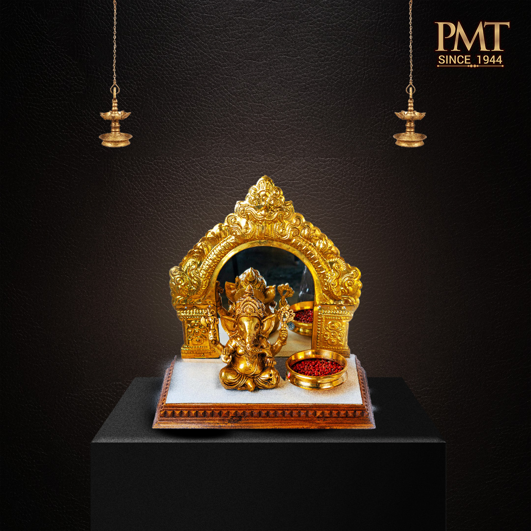 Brass Ganesha Prabhavali with Wooden Base & Pooja Bowls Set