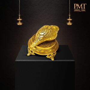 Hand-engraved brass stand with pooja Shankh