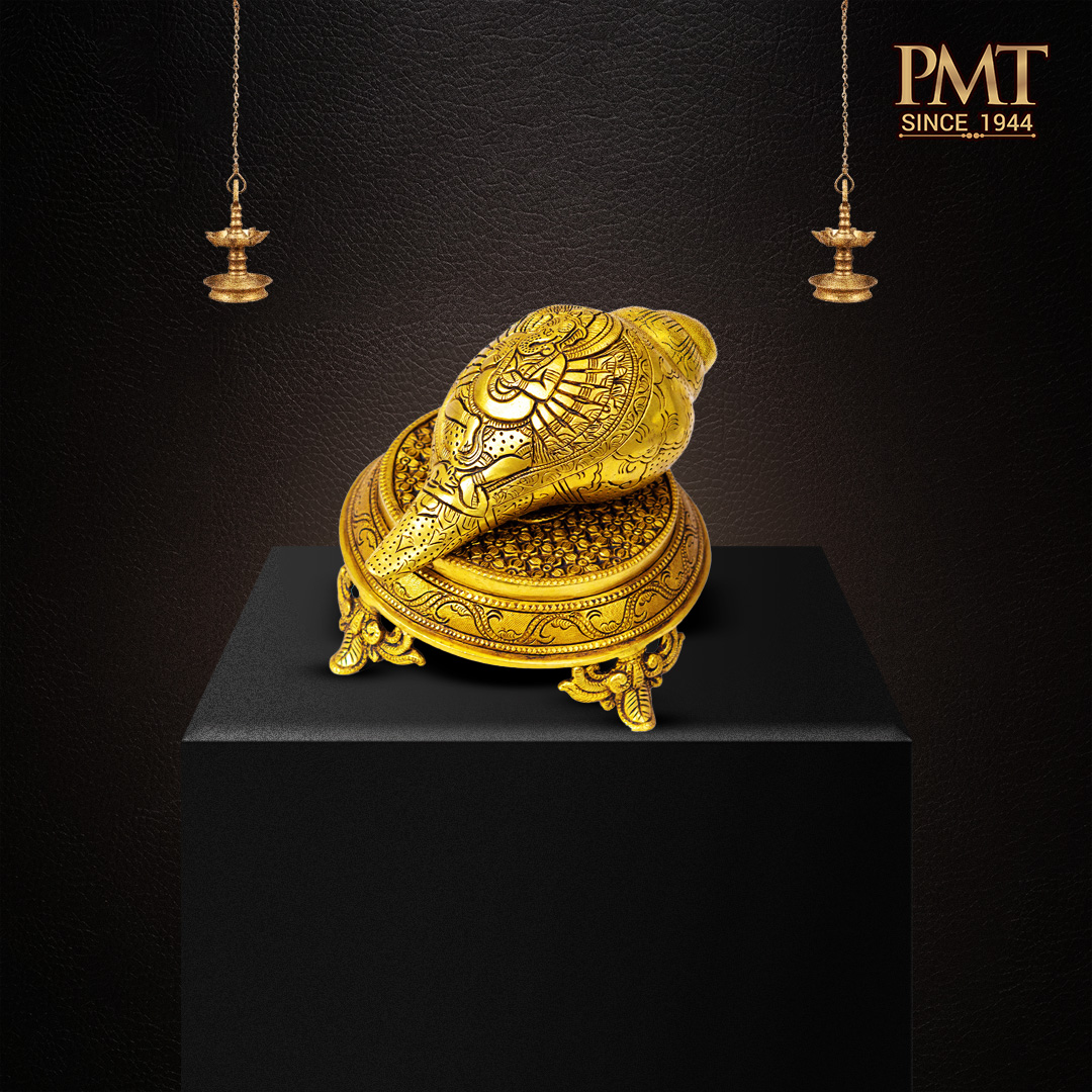 Hand-engraved brass stand with pooja Shankh